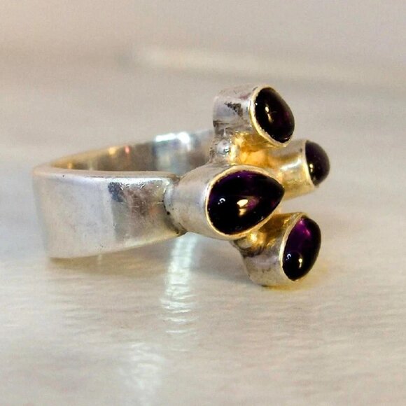 Vintage Sterling Silver Amethyst Ring Size 8 Modernist Brutalist Statement - Picture 3 of 6